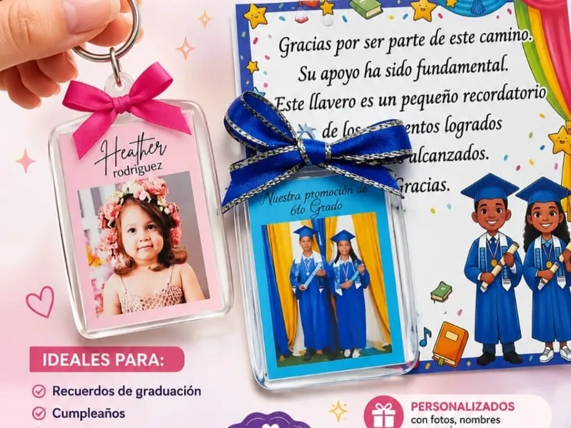 Llaveros personalizados con fotos, lazos rosa y azul y tarjeta de graduación, elaborados en el taller.