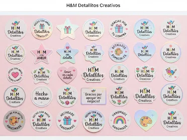 Variedad de stickers troquelados con logo de marca en acabado mate y brillo holográfico metálico para productos de pequeños negocios, sobre fondo pastel.