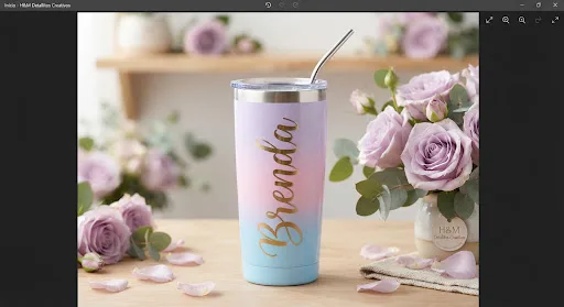 Termo pastel con nombre en foil dorado, personalizado en el taller.